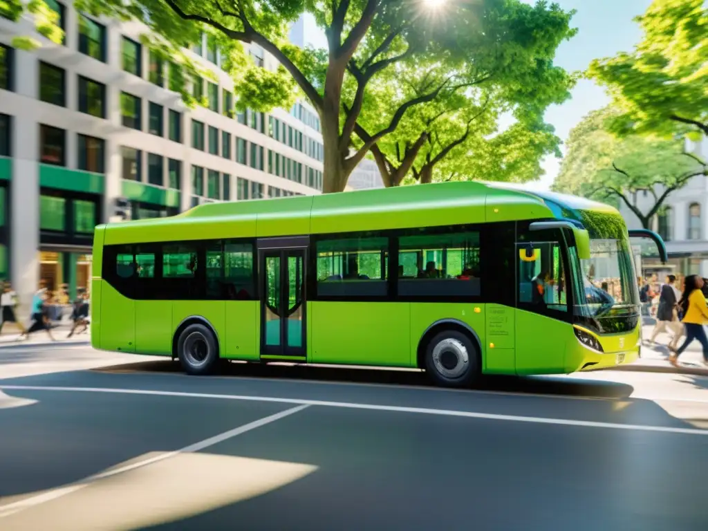 Un autobús eléctrico moderno y elegante, pintado en un vibrante color verde, recorre una calle urbana arbolada