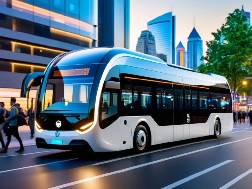 Un autobús autónomo futurista y elegante se desliza por una calle de la ciudad, rodeado de personas y otros vehículos