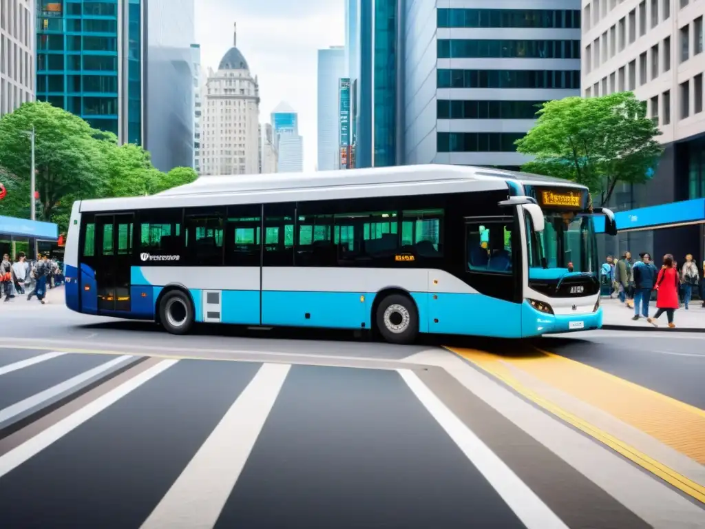 Un autobús moderno y accesible con rampa desplegada en una ciudad vibrante, resaltando el transporte accesible para todos