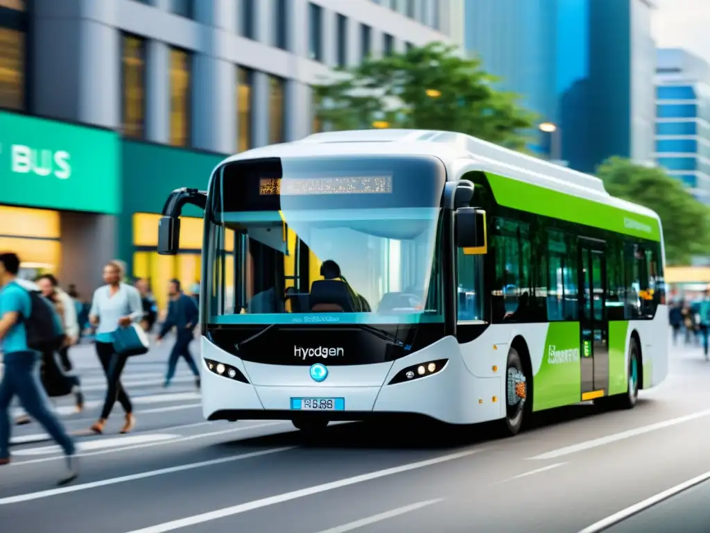 Un autobús de transporte público con hidrógeno avanzando por una bulliciosa calle de la ciudad, rodeado de pasajeros diversos y mostrando la tecnología innovadora y sostenible