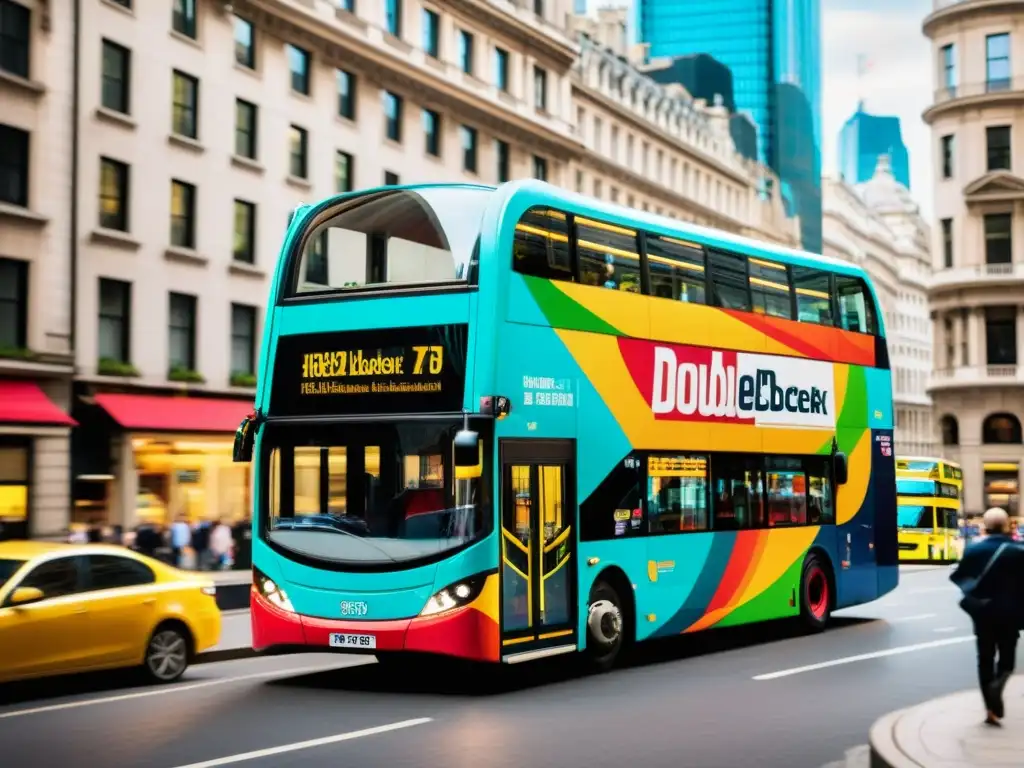 Un autobús turístico de dos pisos recorre una bulliciosa calle de la ciudad, capturando la energía vibrante de la exploración urbana