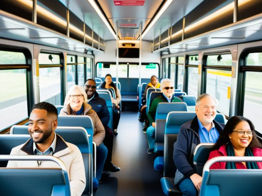 Un autobús urbano inclusivo y acogedor, con pasajeros diversos y señalización clara, reflejando mejoras en la comunicación del transporte público