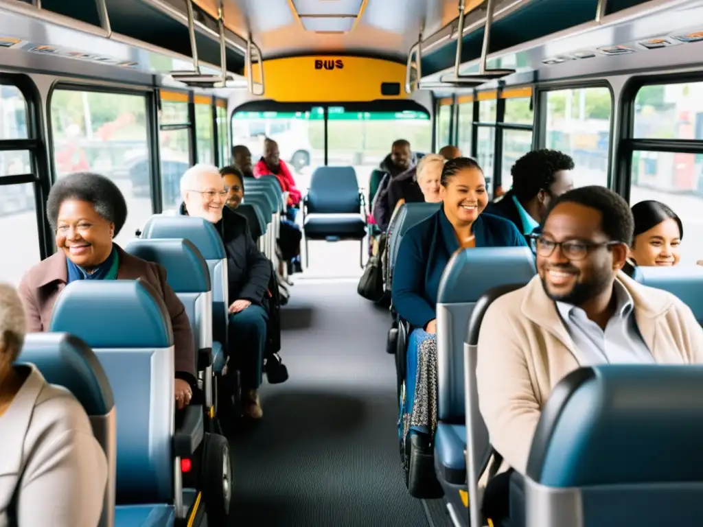 Un autobús urbano lleno de diversidad, con pasajeros ayudándose mutuamente y disfrutando de conversaciones