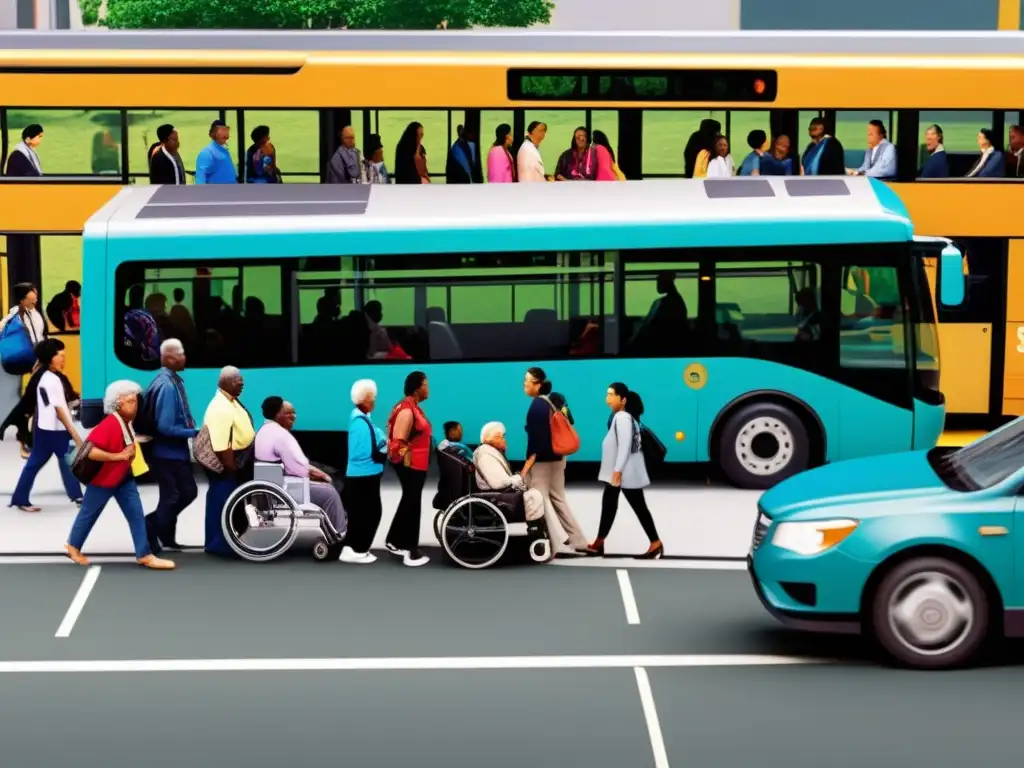 Autobús urbano con rampa para accesibilidad, pasajeros diversos incluyendo personas con discapacidad, ancianos, padres con coches y viajeros