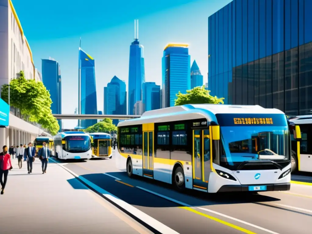 Autobuses eléctricos impacto ambiental: Escena urbana con modernos autobuses eléctricos y su impacto positivo en la sostenibilidad urbana