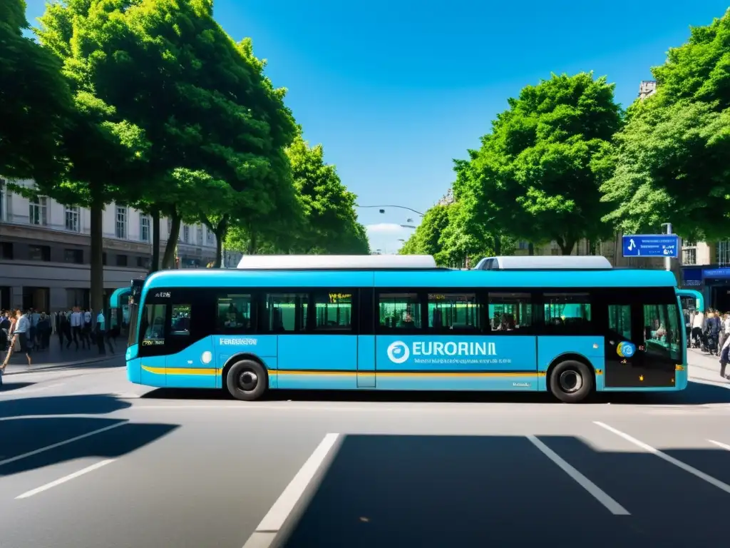 Autobuses con tecnología EURO VI circulando en una calle urbana, rodeados de vegetación y personas compartiendo la vía