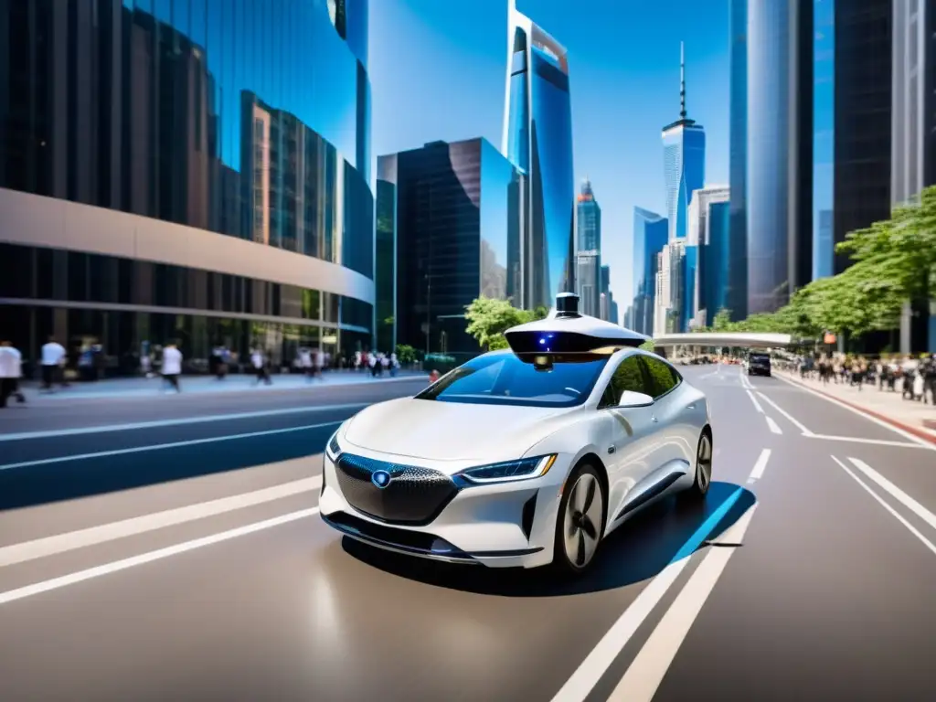 Coche autónomo de alta tecnología en la ciudad Un automóvil autónomo de aspecto futurista recorre una bulliciosa calle de la ciudad, mostrando sus avanzados sensores y cámaras