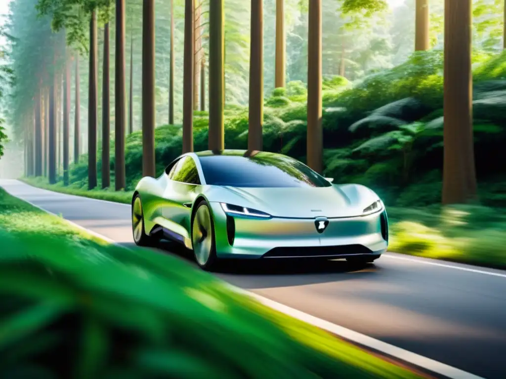 Un automóvil eléctrico futurista atraviesa un bosque exuberante, combinando tecnología sostenible con la belleza natural