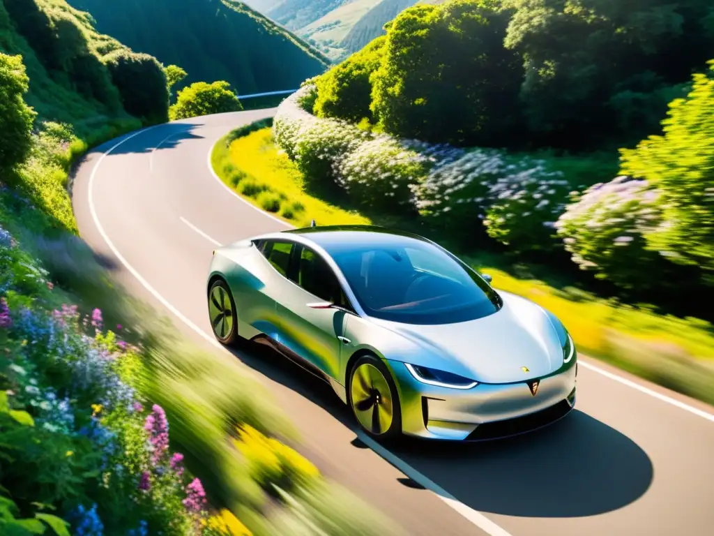 Un automóvil eléctrico futurista y elegante recorre una carretera sinuosa rodeada de exuberante vegetación y vibrantes flores silvestres