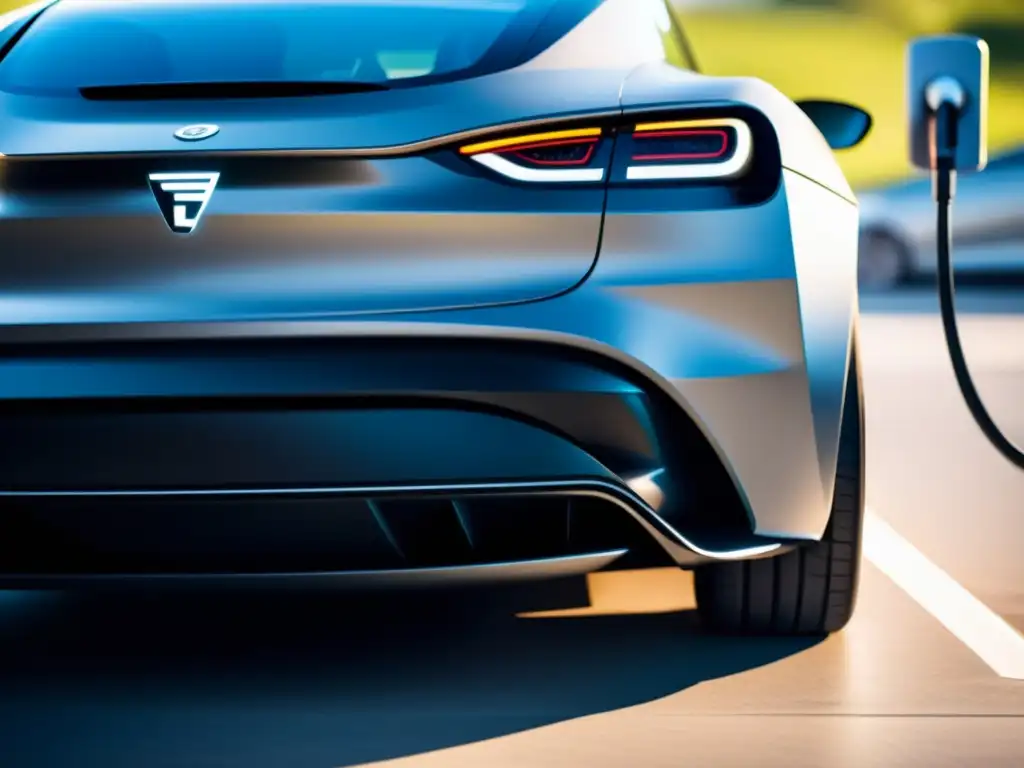 Coche eléctrico futurista cargándose en estación moderna Un automóvil eléctrico futurista se carga en una estación moderna