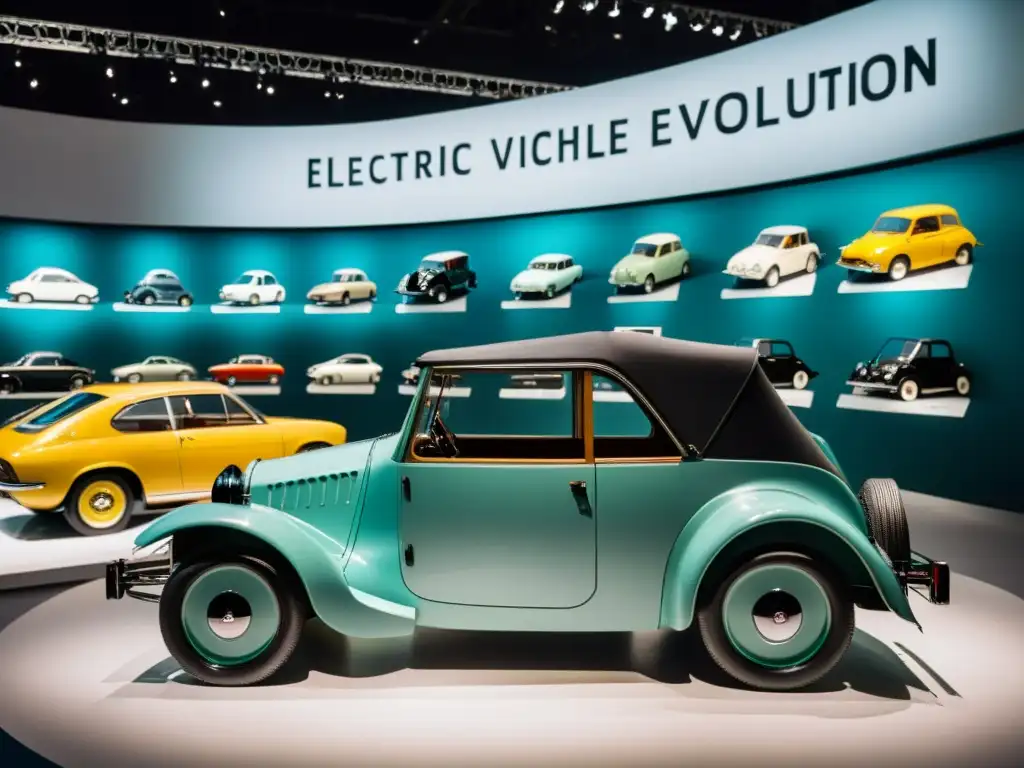 Exhibición de evolución del automóvil eléctrico desde el siglo XX hasta la actualidad, en una sala iluminada con paneles informativos