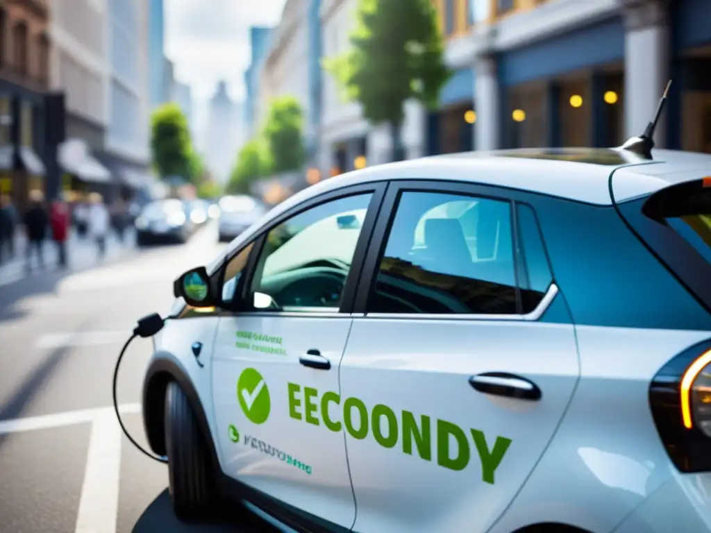 Un automóvil híbrido estacionado en una bulliciosa calle de la ciudad, con énfasis en las pegatinas 'ecofriendly' y 'bajas emisiones'