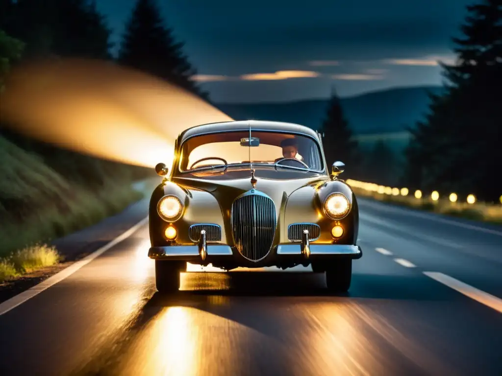 Un automóvil vintage iluminado por luces LED, simbolizando la evolución de la iluminación vehicular a lo largo de la historia