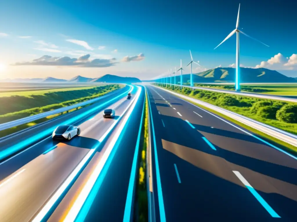 Una autopista eléctrica innovadora revoluciona el transporte, con vehículos eléctricos integrados en un sistema inteligente, simbolizando la evolución del transporte