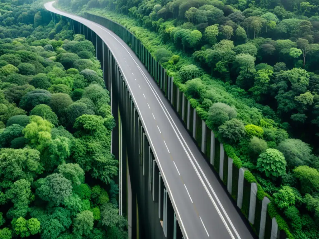 Una autopista serpentea a través de un exuberante bosque, destacando la influencia autopistas en biodiversidad