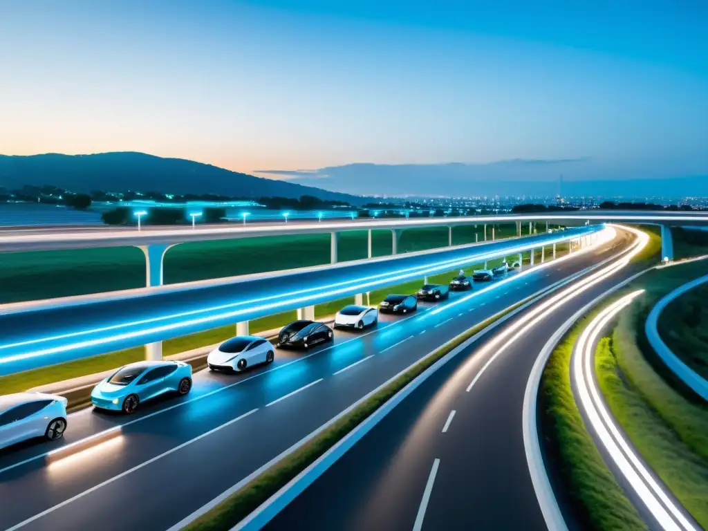 Autopistas eléctricas innovadoras evolución transporte: Panorámica de modernos vehículos eléctricos en una bulliciosa autopista, con estaciones de carga futuristas y paisaje urbano-natural al atardecer