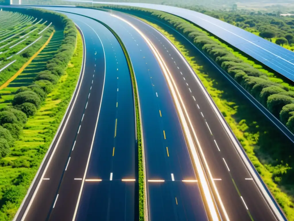 Autopistas solares generadoras de energía: Carretera solar futurista con paneles fotovoltaicos integrados, rodeada de vegetación exuberante y vehículos eléctricos