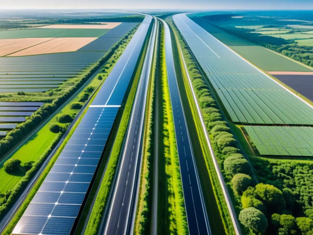 Autopistas solares generadoras de energía: Futurista carretera solar con paneles fotovoltaicos integrados, vehículos eléctricos y paisaje sostenible