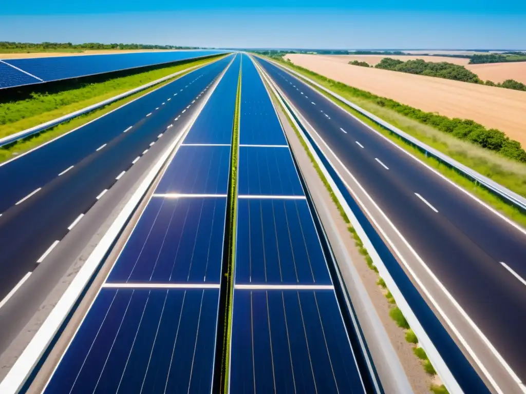 Autopistas solares generadoras de energía: carretera solar con paneles brillantes, vehículos eléctricos circulando bajo un cielo azul claro