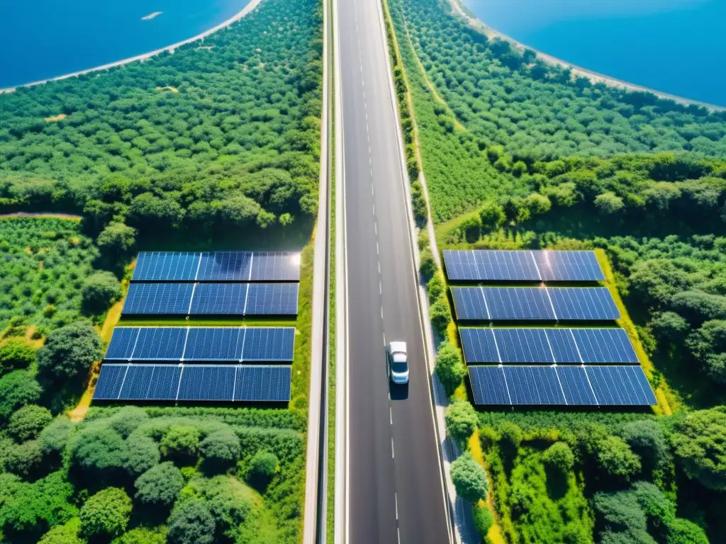 Autopistas solares generadoras de energía: Vista aérea de una autopista solar con paneles solares integrados en la superficie, rodeada de vegetación y vehículos eléctricos