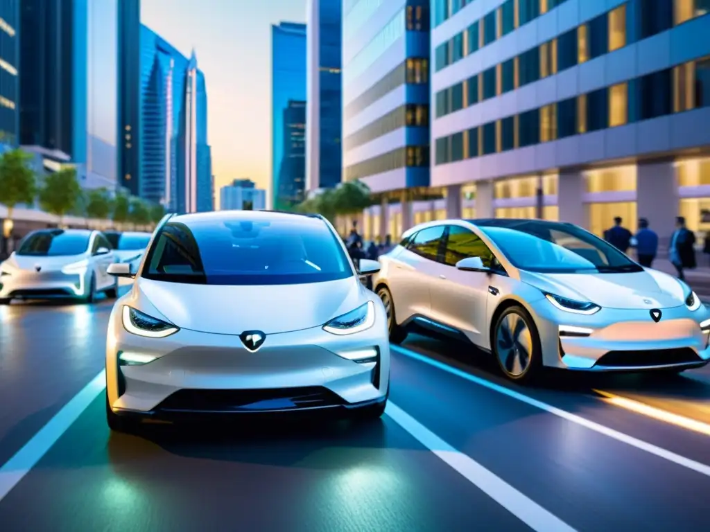 Autos eléctricos carga inalámbrica en una ciudad futurista con tecnología innovadora y paisaje urbano vibrante