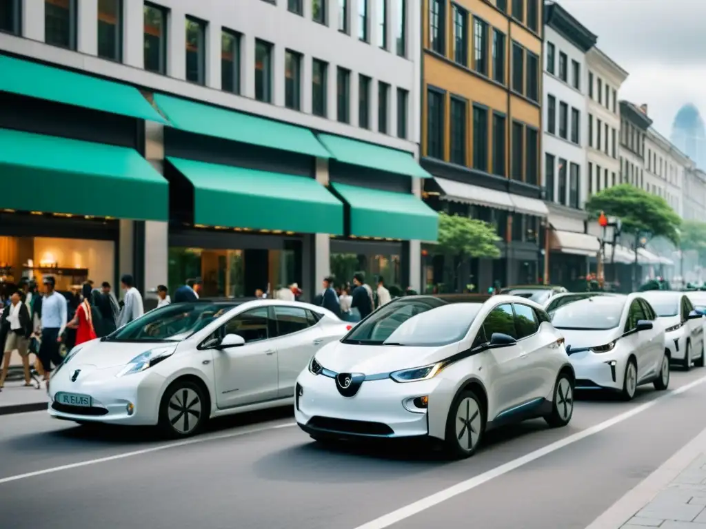 Intersección de autos tradicionales y eléctricos en una bulliciosa calle urbana