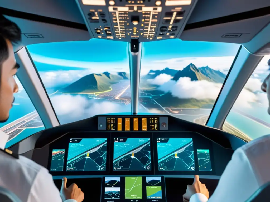 Avance en pantallas digitales control de vuelo: piloto interactuando con realidad aumentada en futurista cabina de vuelo 8k