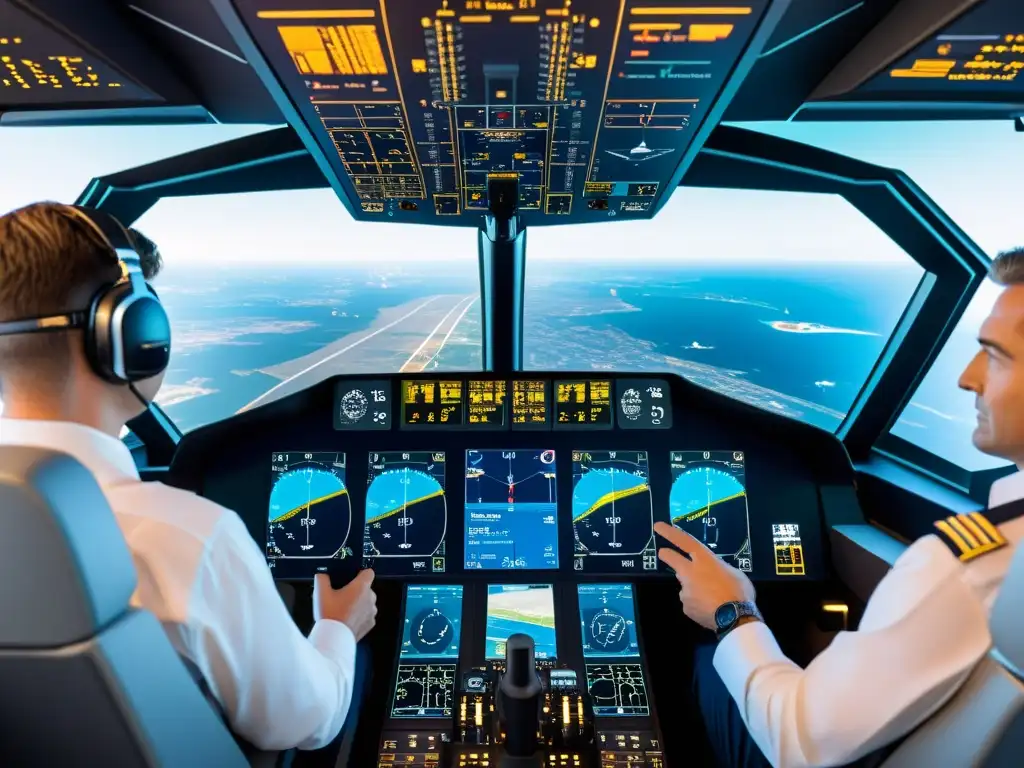 Avance en tecnología de cabina para pilotos modernos: visual futurista con realidad aumentada y sistemas de control de vuelo integrados