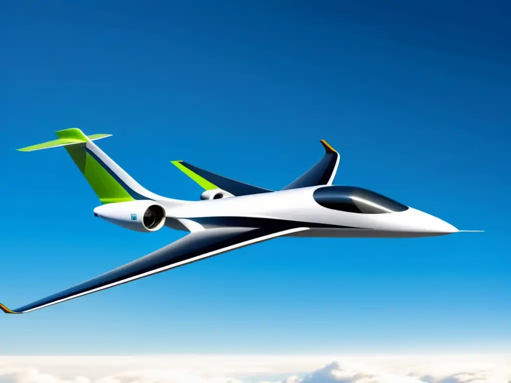 Avance en tecnologías verdes: Avión futurista con paneles solares y turbinas eólicas, surcando el cielo azul