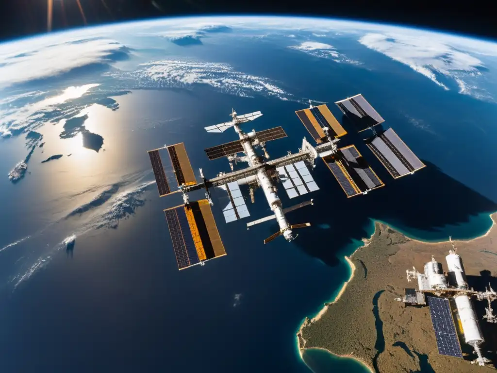 Avance tecnológico: la Estación Espacial Internacional orbita la Tierra, mostrando su detallada estructura y el planeta en 8k