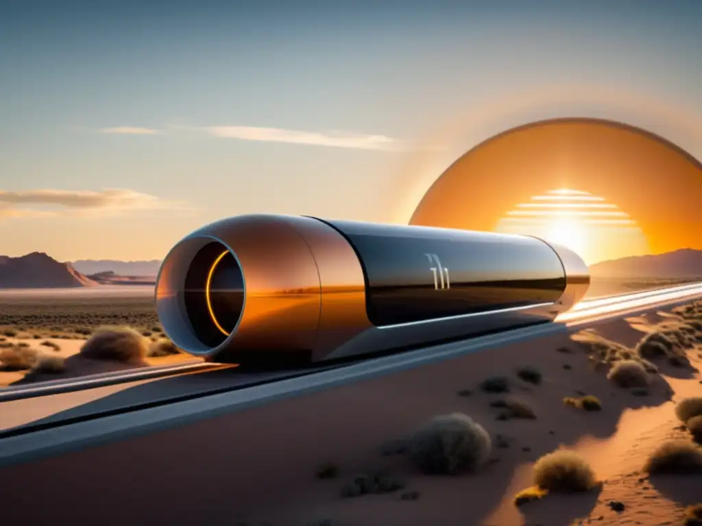 Pod futurista del Hyperloop brillando al atardecer Avance tecnológico de Hyperloop Transportation Technologies: Pod futurista de Hyperloop deslizándose suavemente en un tubo sellado al vacío, con el sol poniéndose detrás, iluminando su exterior metálico con un cálido resplandor anaranjado