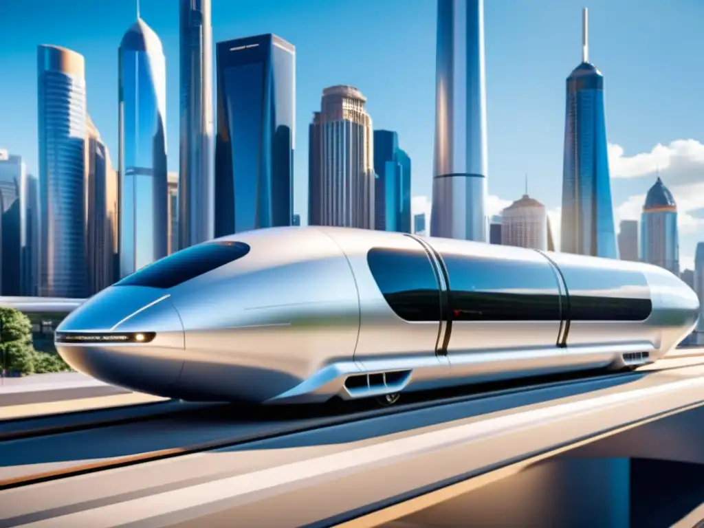 Hyperloop plateado deslizándose por la ciudad futurista Avance tecnológico de Hyperloop Transportation Technologies: Un moderno pod plateado de Hyperloop se desliza suavemente por la pista, rodeado de un paisaje urbano futurista de imponentes rascacielos y redes de tránsito elevadas, creando una impactante visión del futuro del transporte
