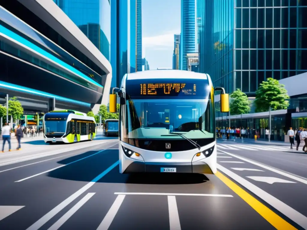 Avance tecnológico en el transporte público digital: buses y autos autónomos en una ciudad futurista sincronizados en perfecta armonía