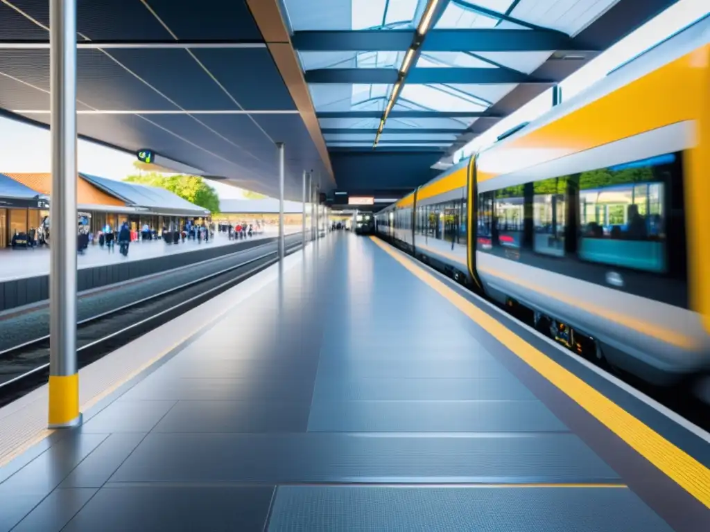 Avances en accesibilidad en trenes: Estación moderna con facilidades para personas con movilidad reducida, integradas en ambiente bullicioso y diverso