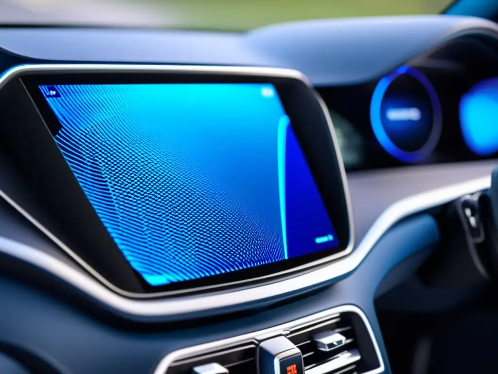 Avances en sistemas de asistencia al conductor: Intrincado sistema de inteligencia artificial en el moderno panel de un coche, bañado en luz azul futurista