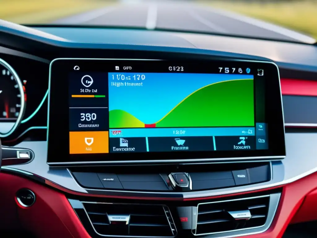 Avances en sistemas de infotainment automotriz: pantalla futurista en lujoso auto, con GPS, tráfico en tiempo real y conectividad smartphone