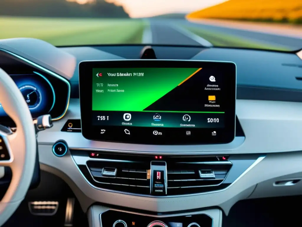 Avances en sistemas de infotainment automotriz: Pantalla de lujo muestra conectividad avanzada y diseño vanguardista en el interior de un auto moderno