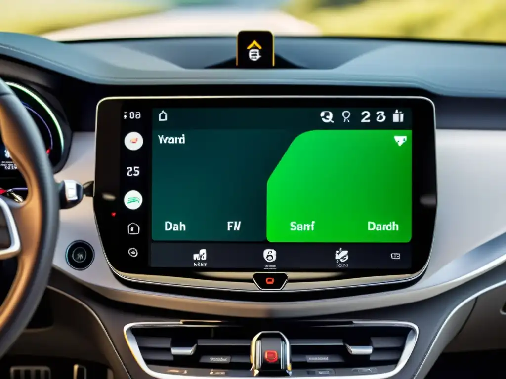 Avances en sistemas de infotainment automotriz: Imagen de un moderno panel de instrumentos de automóvil con pantalla táctil, mostrando funciones de conectividad y entretenimiento, integración de smartphone y controles avanzados, con iluminación natural resaltando su diseño innovador