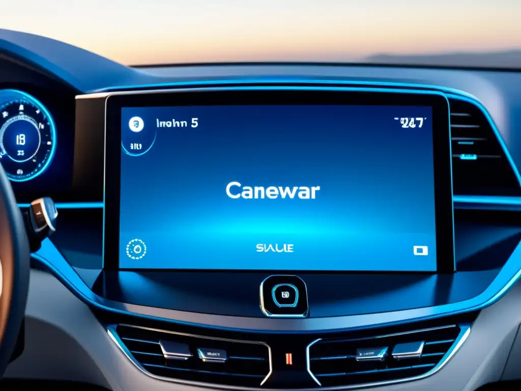 Avances en sistemas de infotainment automotriz: Pantalla futurista en auto de lujo con gráficos HD, navegación y entretenimiento avanzado