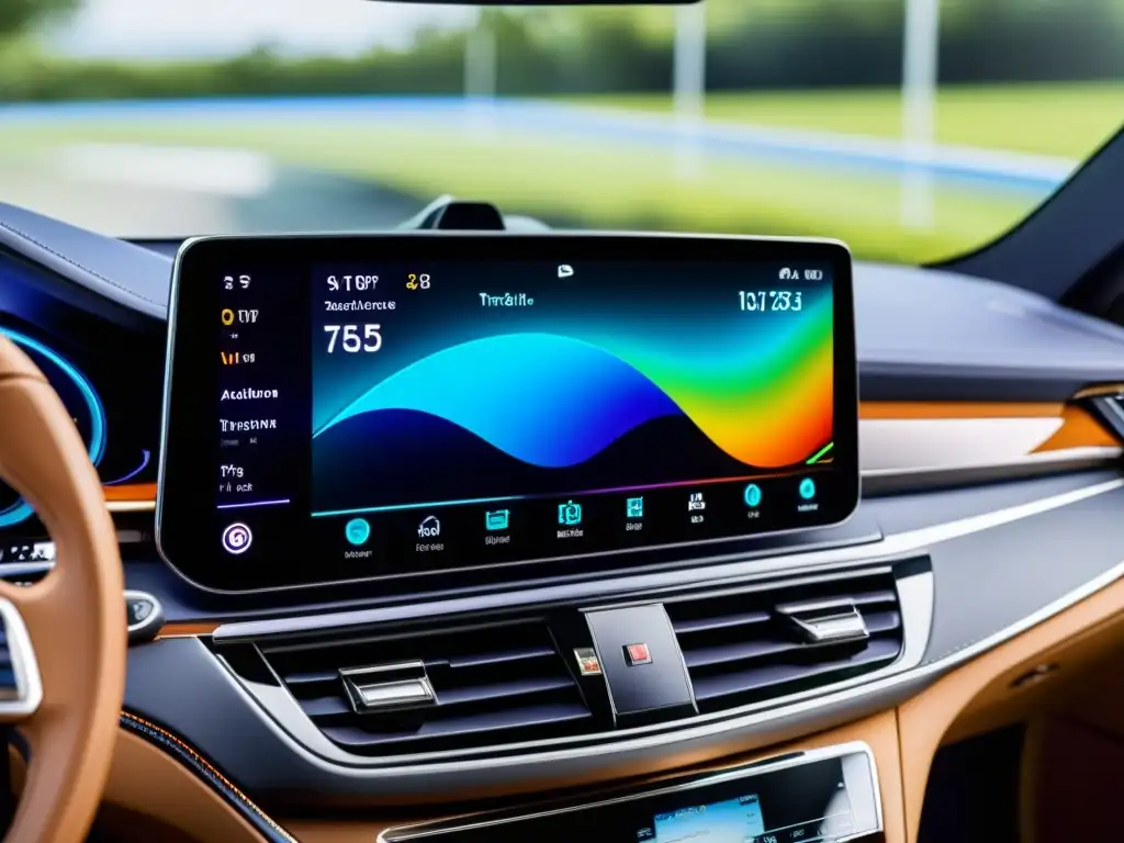 Avances en sistemas de infotainment automotriz: Futurista sistema infotainment de lujo en un automóvil, con pantalla inmersiva y conectividad avanzada