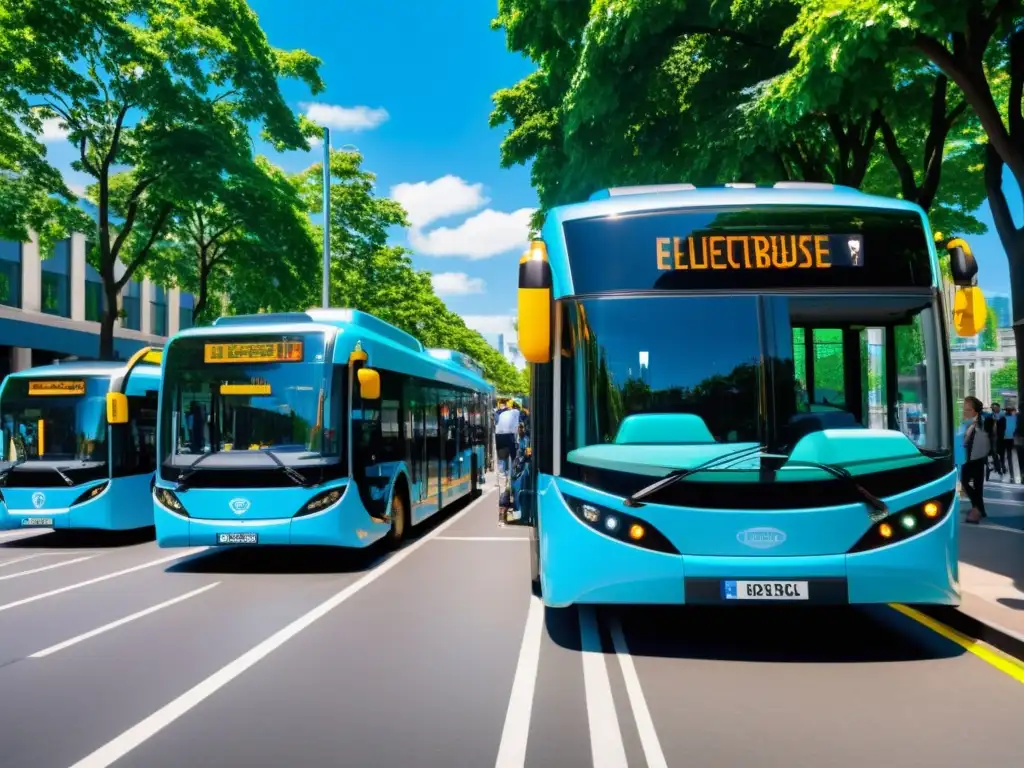 Avances en tecnología de baterías: Calles urbanas llenas de autobuses eléctricos modernos, recargándose mientras pasajeros suben y bajan