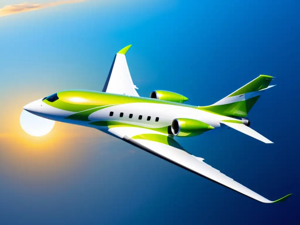 Avances en tecnologías verdes aviación: Imagen de un moderno avión ecológico surcando el cielo azul, resaltando su diseño aerodinámico y sostenible