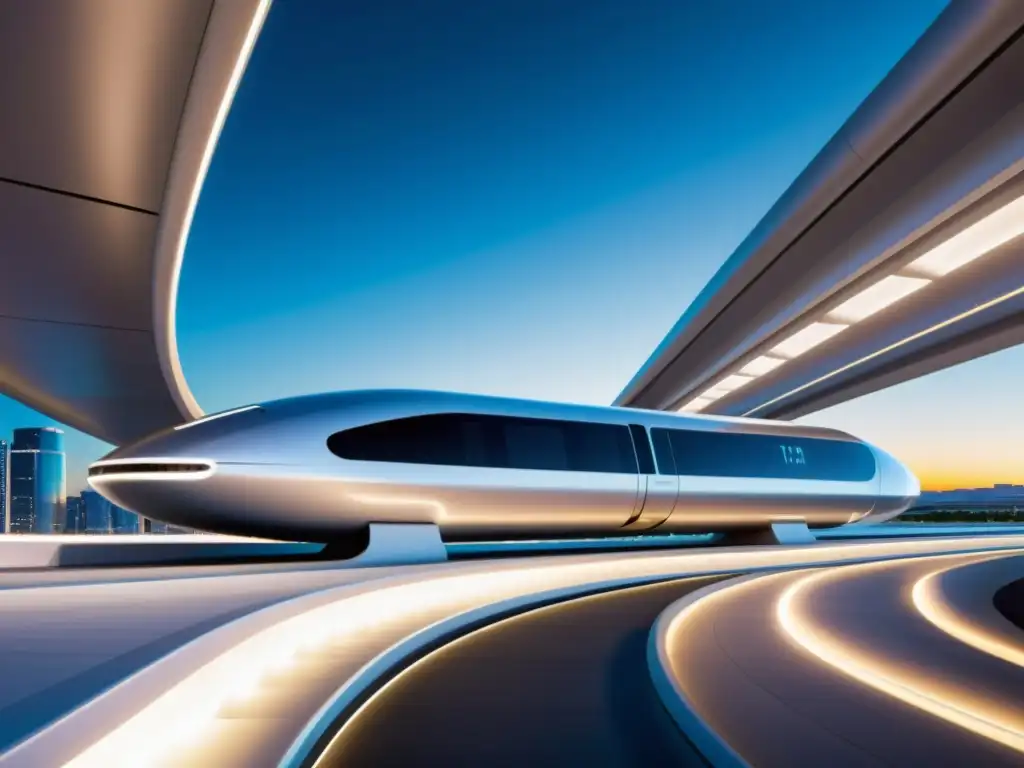 Avances tecnológicos del Proyecto Hyperloop One: Futurista pod suspendido sobre la pista en un hipermoderno centro de transporte