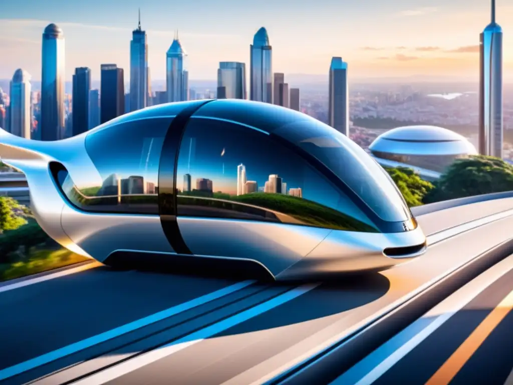 Avances tecnológicos del Proyecto Hyperloop One: un futurista pod deslizándose en una pista de alta tecnología con la ciudad al fondo