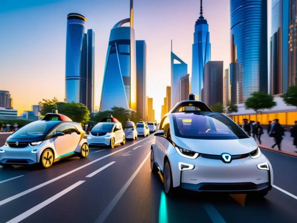 Avances tecnológicos en transporte compartido: Calles de la ciudad futurista, autos eléctricos modernos circulan entre rascacielos al atardecer