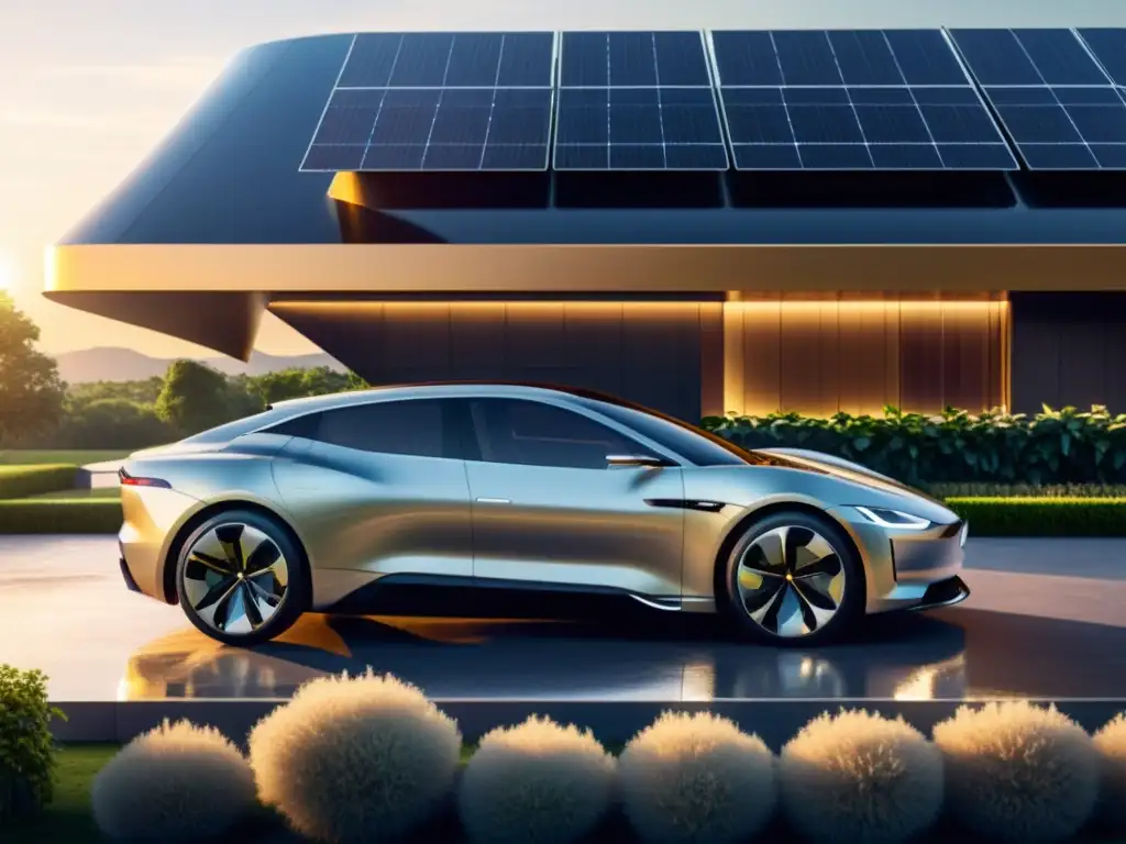 Avances tecnológicos vehículos eléctricos lujo: Coche eléctrico de lujo frente a edificio sostenible, rodeado de vegetación, cargándose con estación solar al atardecer