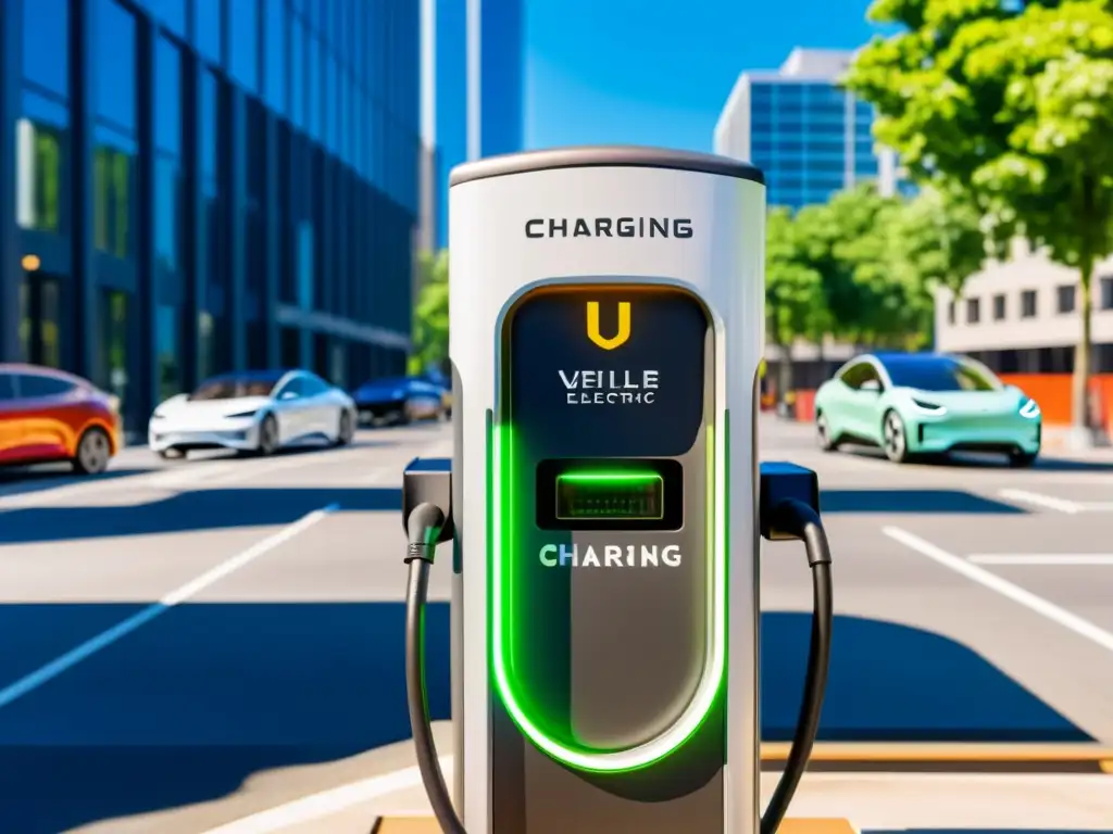 Avances en la velocidad de carga: Estación de carga de vehículos eléctricos futurista en medio de la bulliciosa ciudad