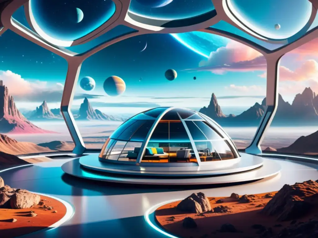 Avanzada tecnología en hábitats espaciales, con diseño futurista y vistas impresionantes de un planeta alienígena colorido