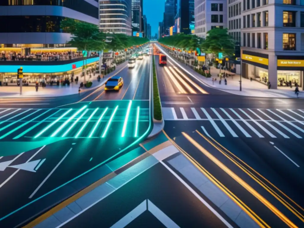 Avanzada tecnología de señalización inteligente de tráfico en una bulliciosa calle de la ciudad, donde los autos y peatones se desplazan con seguridad