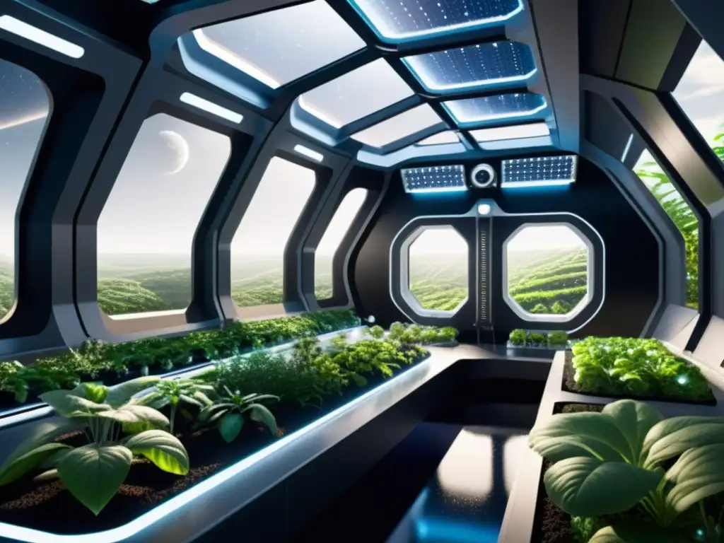 Avanzadas tecnologías sustentables para la vida en el espacio, con jardines verdes y vista de la Tierra